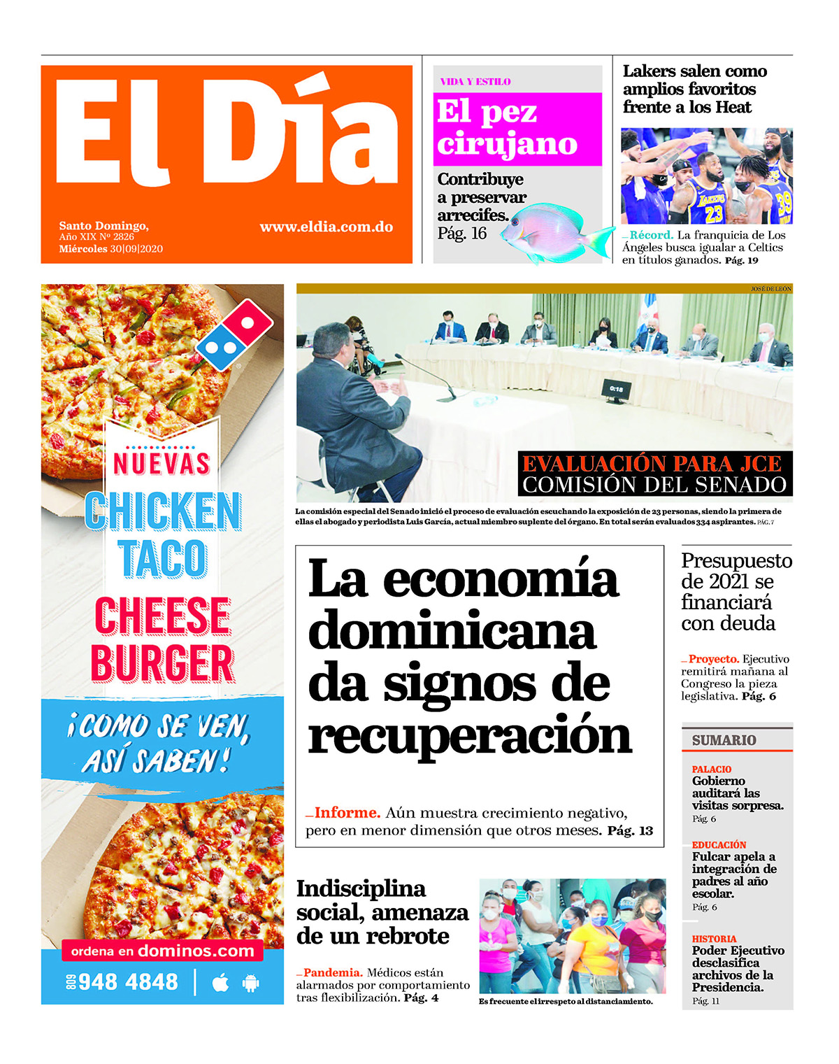 Portada Periódico El Día, Miércoles 30 de Septiembre, 2020