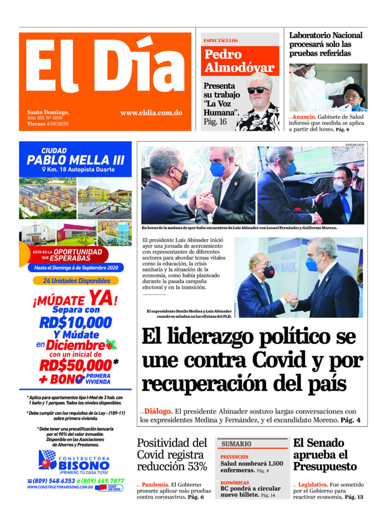 Portada Periódico El Día, Viernes 04 de Septiembre, 2020