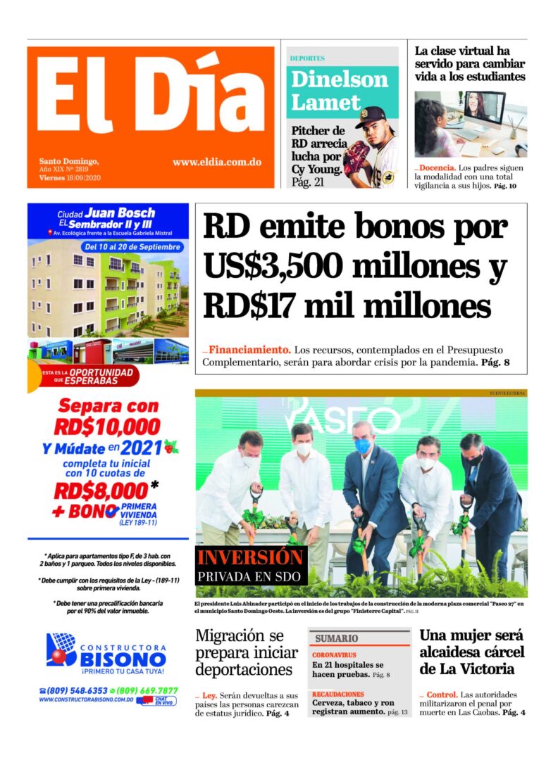 Portada Periódico El Día, Viernes 18 de Septiembre, 2020