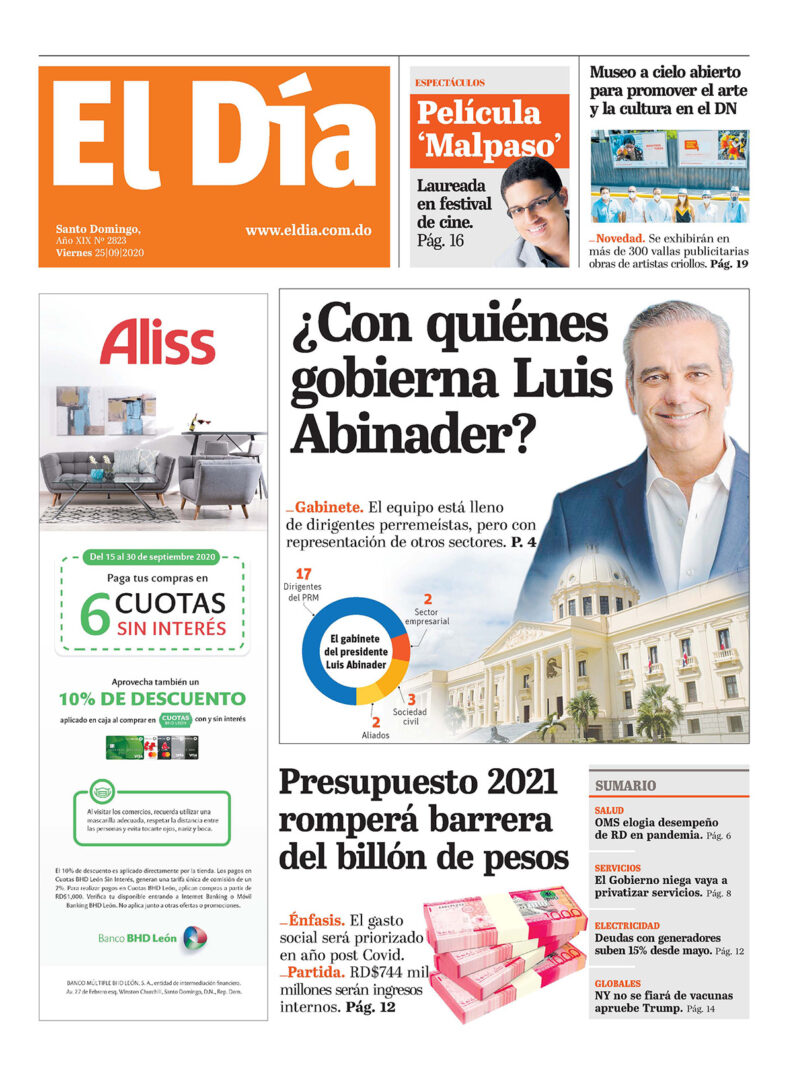 Portada Periódico El Día, Viernes 25 de Septiembre, 2020