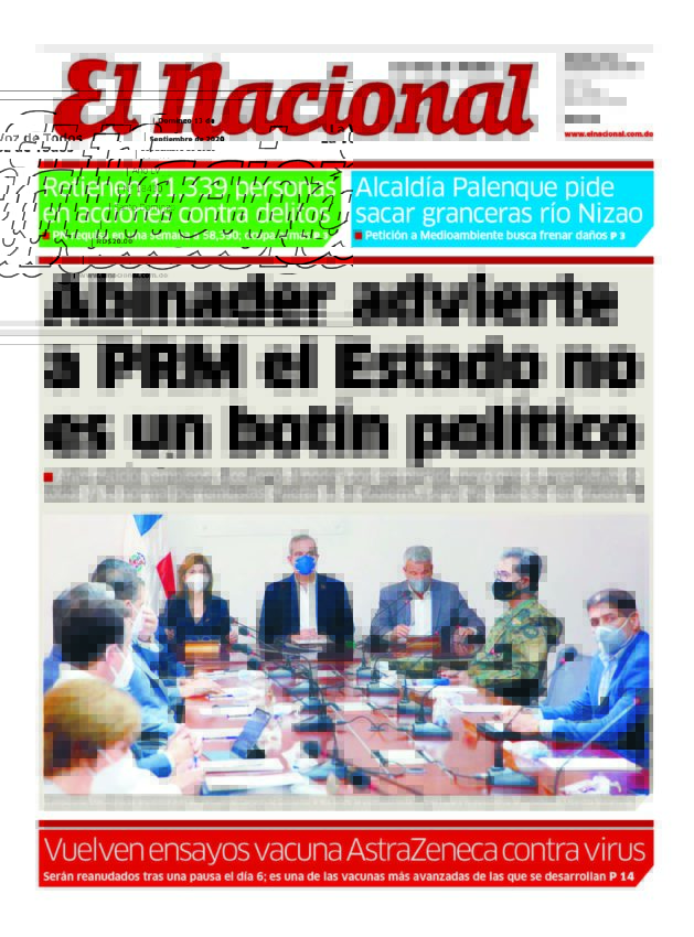 Portada Periódico El Nacional, Domingo 13 de Septiembre, 2020