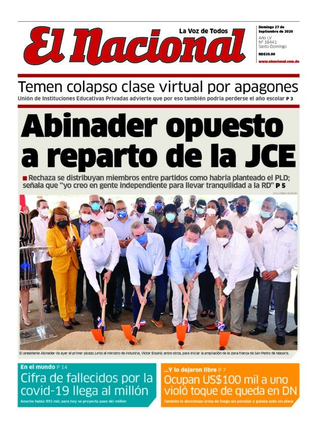 Portada Periódico El Nacional, Domingo 27 de Septiembre, 2020