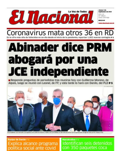 Portada Periódico El Nacional, Jueves 03 de Septiembre, 2020