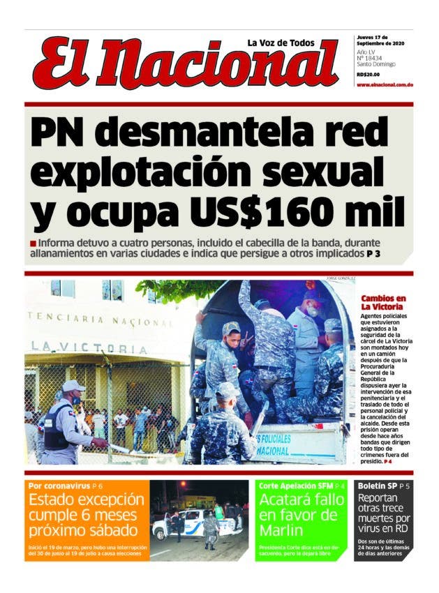 Portada Periódico El Nacional, Jueves 17 de Septiembre, 2020