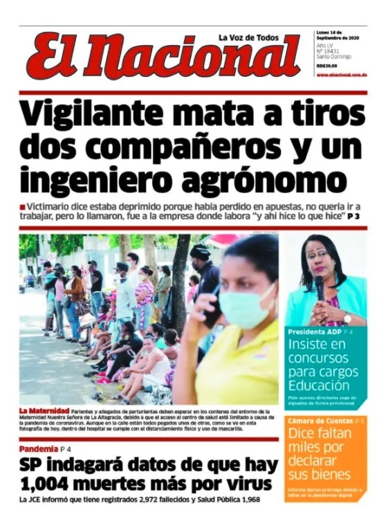 Portada Periódico El Nacional, Lunes 14 de Septiembre, 2020
