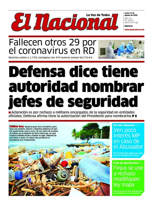 Portada Periódico El Nacional, Lunes 31 de Agosto, 2020