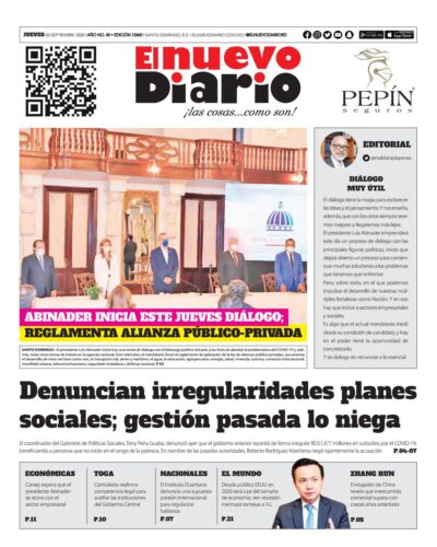 Portada Periódico El Nuevo Diario, Jueves 03 de Septiembre, 2020