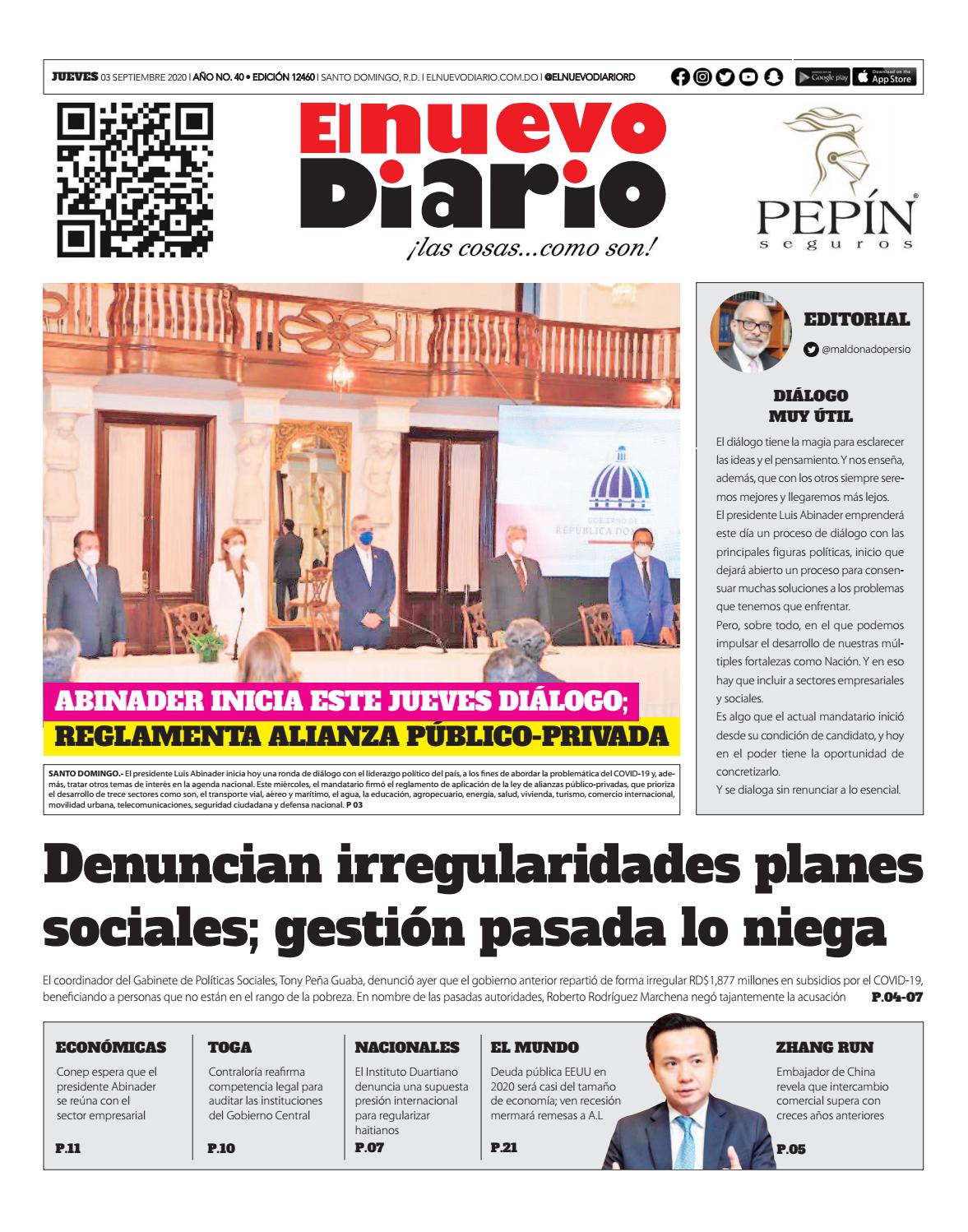 Portada Periódico El Nuevo Diario, Jueves 03 de Septiembre, 2020