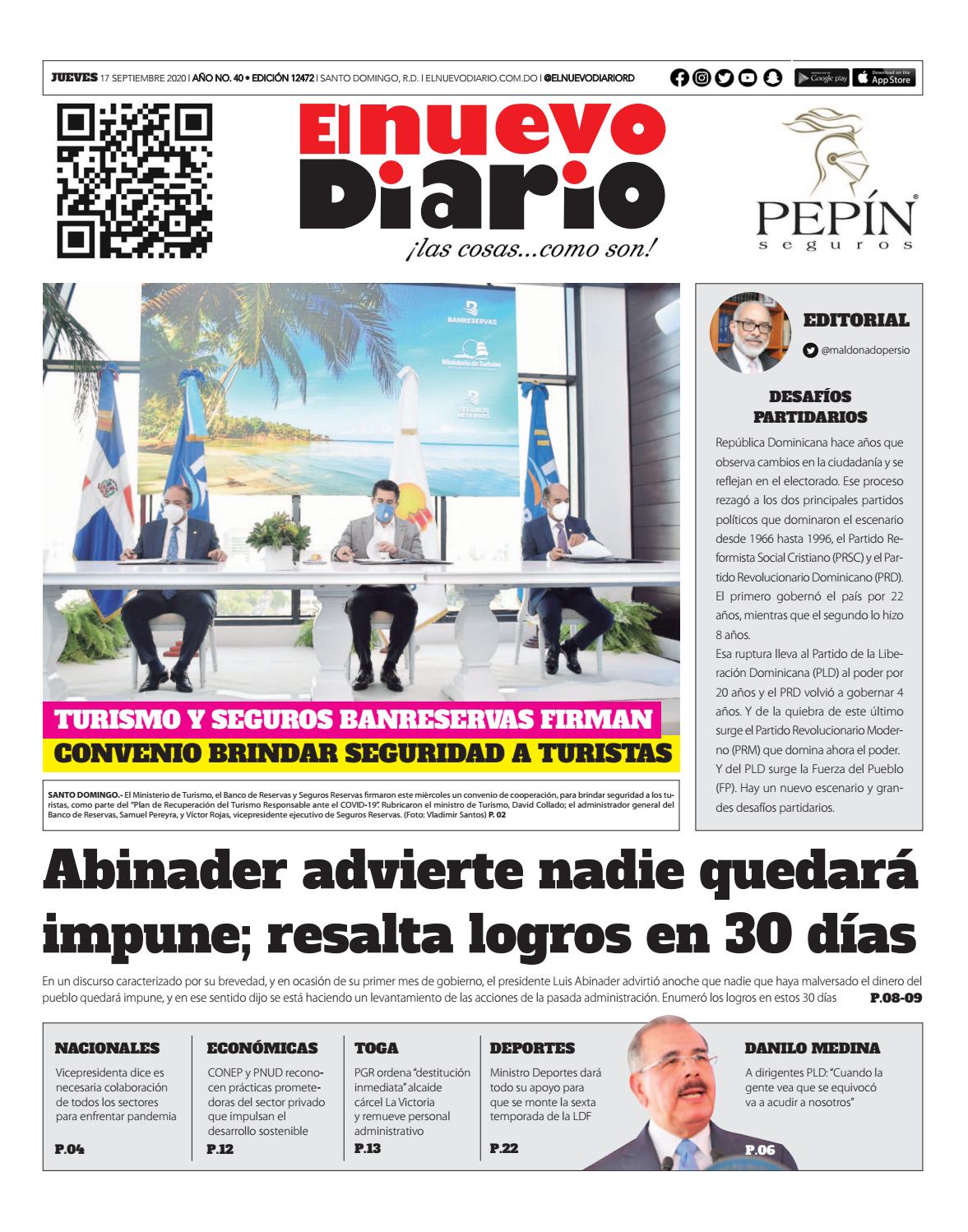 Portada Periódico El Nuevo Diario, Jueves 17 de Septiembre, 2020