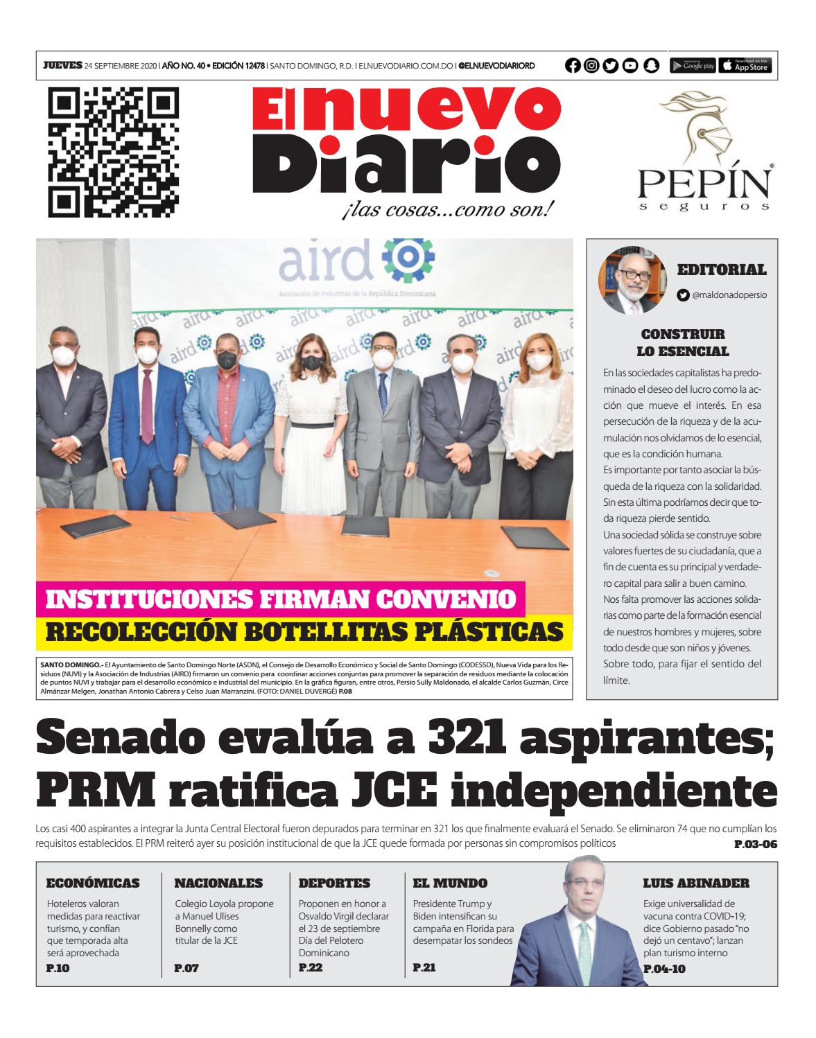 Portada Periódico El Nuevo Diario, Jueves 24 de Septiembre, 2020