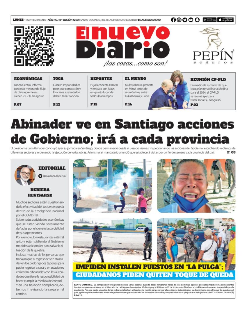 Portada Periódico El Nuevo Diario, Lunes 14 de Septiembre, 2020
