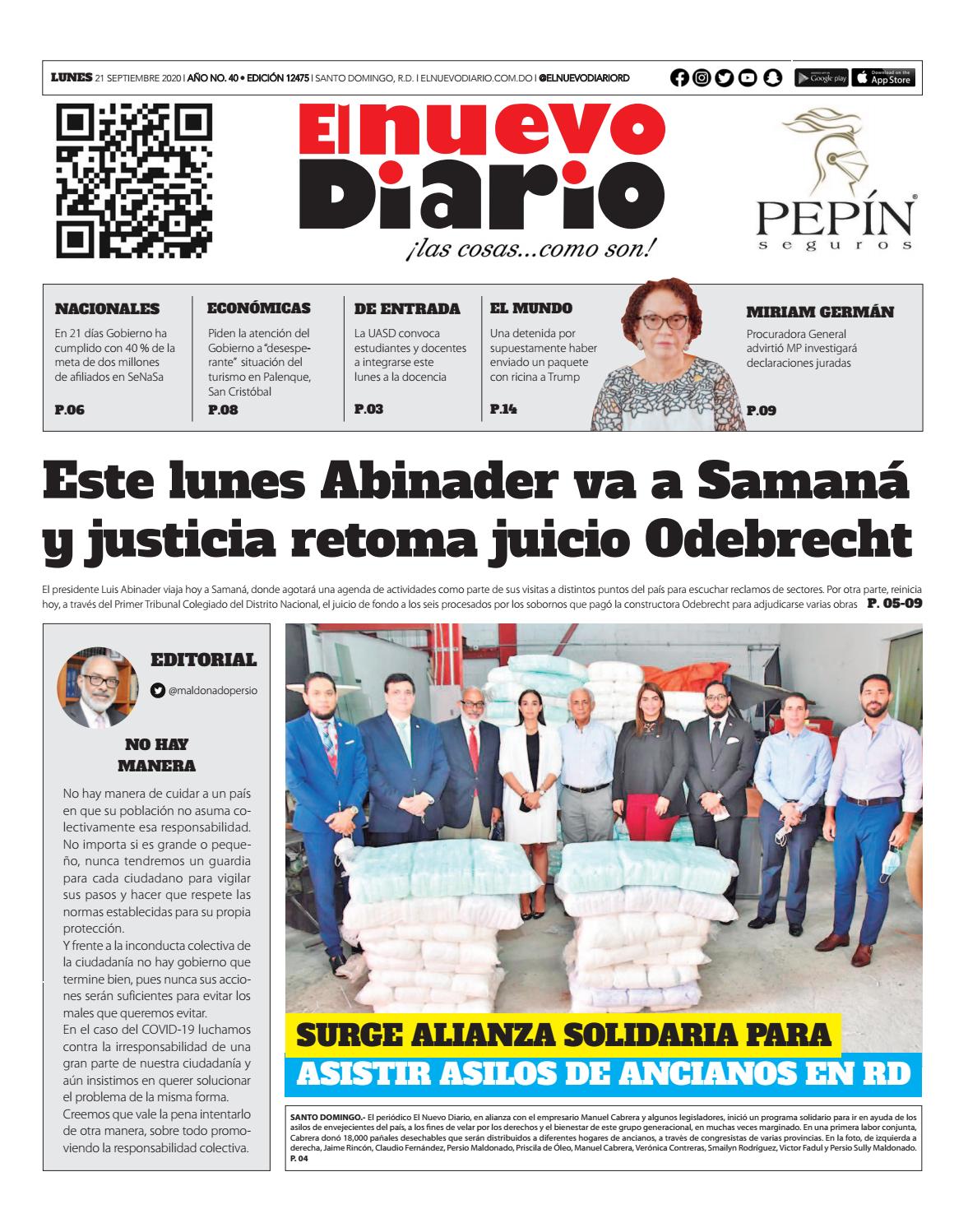Portada Periódico El Nuevo Diario, Lunes 21 de Septiembre, 2020