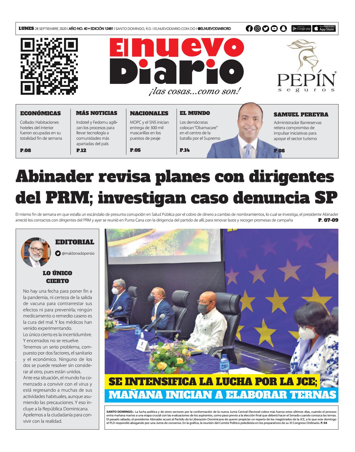 Portada Periódico El Nuevo Diario, Lunes 28 de Septiembre, 2020
