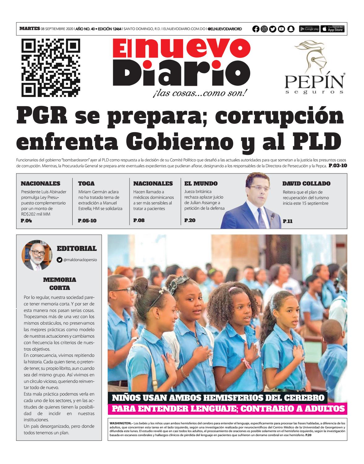 Portada Periódico El Nuevo Diario, Martes 08 de Septiembre, 2020