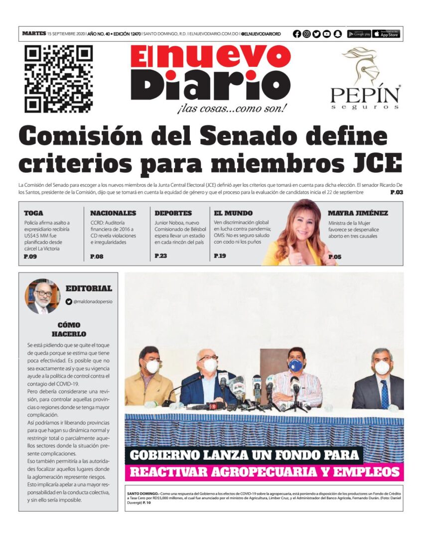 Portada Periódico El Nuevo Diario, Martes 15 de Septiembre, 2020