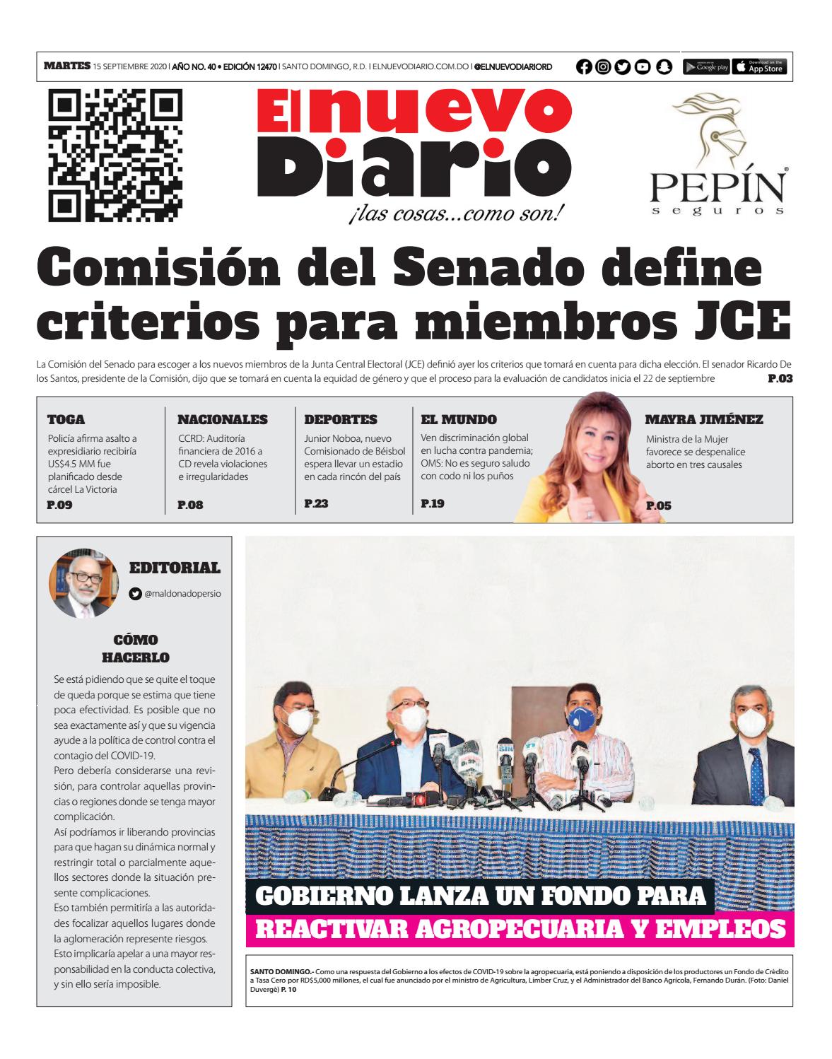 Portada Periódico El Nuevo Diario, Martes 15 de Septiembre, 2020