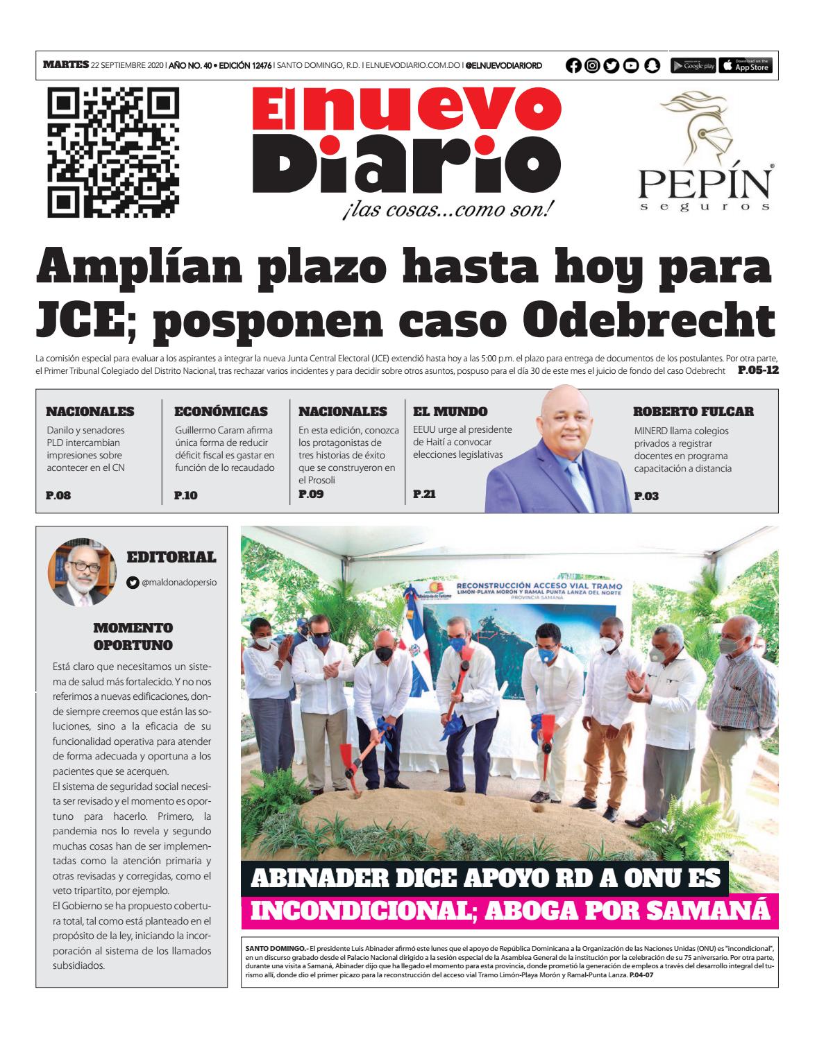 Portada Periódico El Nuevo Diario, Martes 22 de Septiembre, 2020