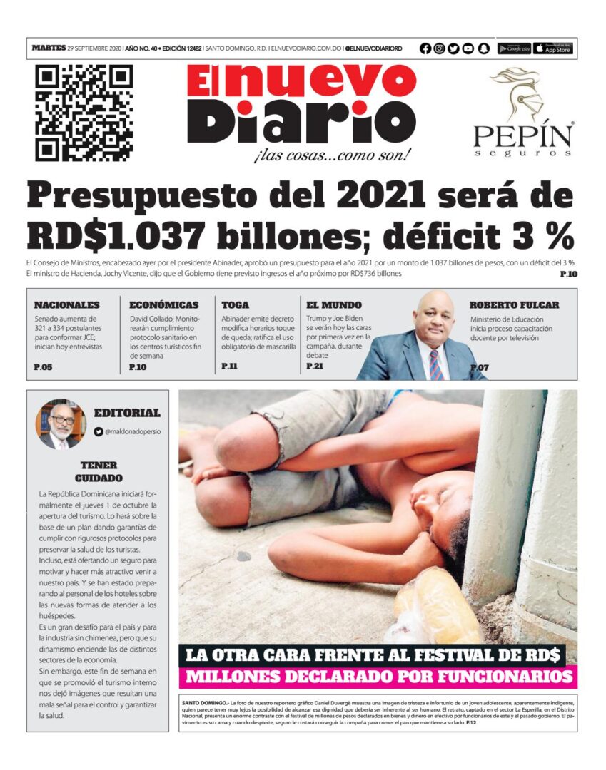 Portada Periódico El Nuevo Diario, Martes 29 de Septiembre, 2020