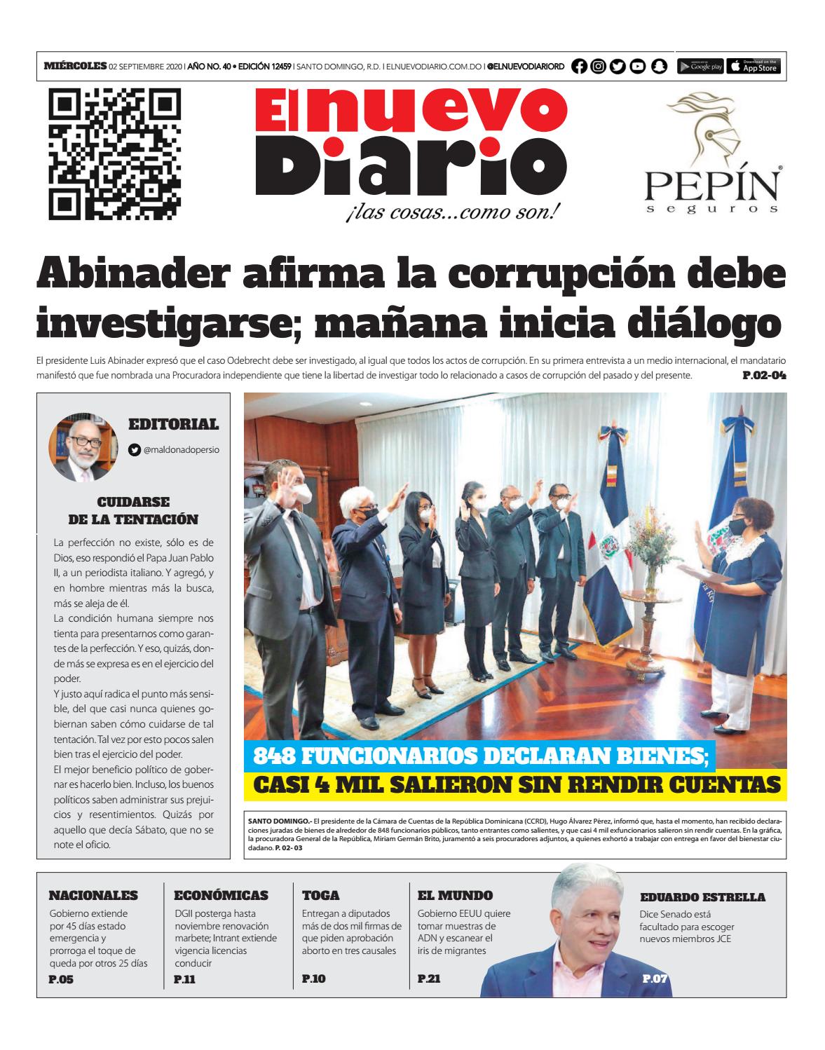 Portada Periódico El Nuevo Diario, Miércoles 02 de Septiembre, 2020