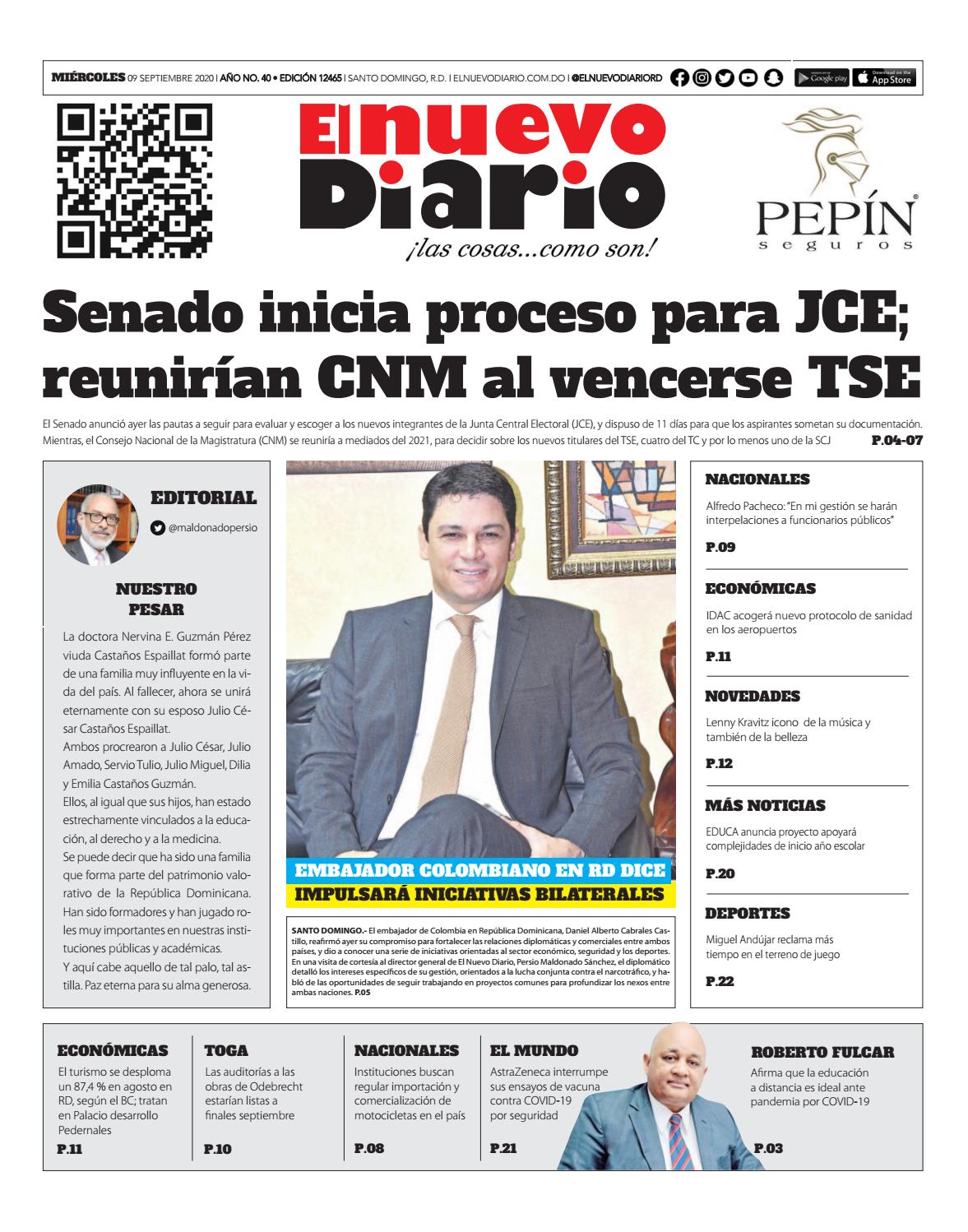 Portada Periódico El Nuevo Diario, Miércoles 09 de Septiembre, 2020