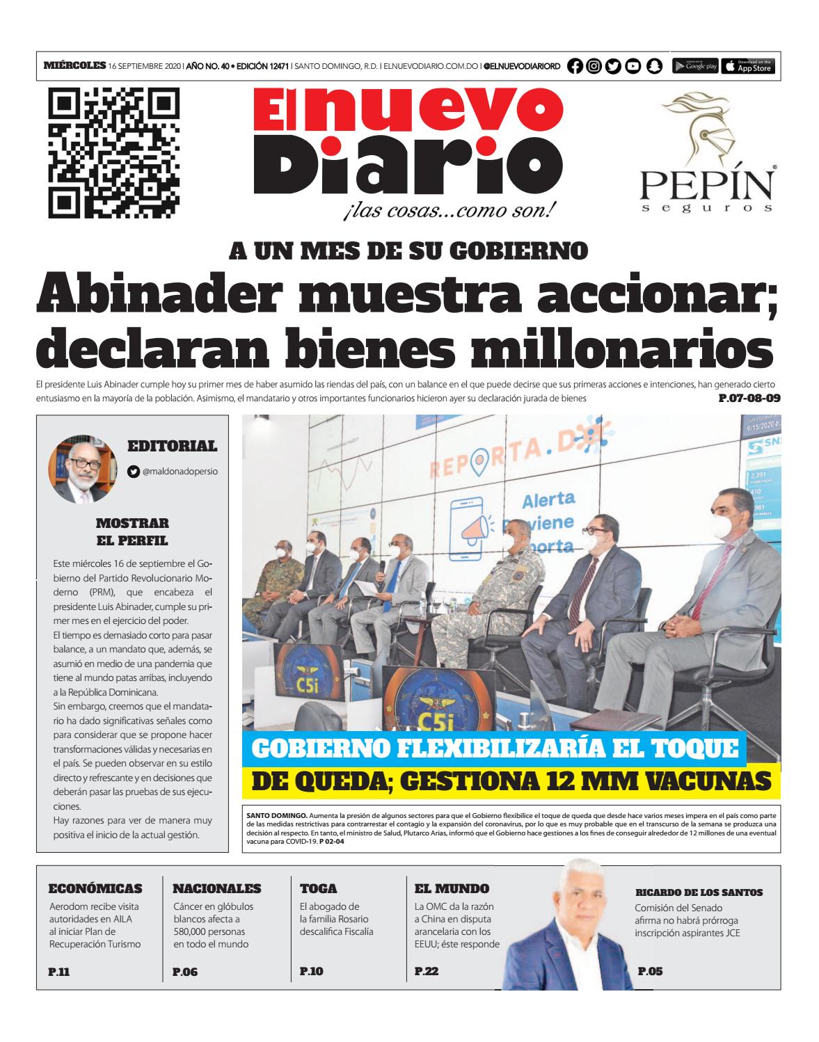 Portada Periódico El Nuevo Diario, Miércoles 16 de Septiembre, 2020