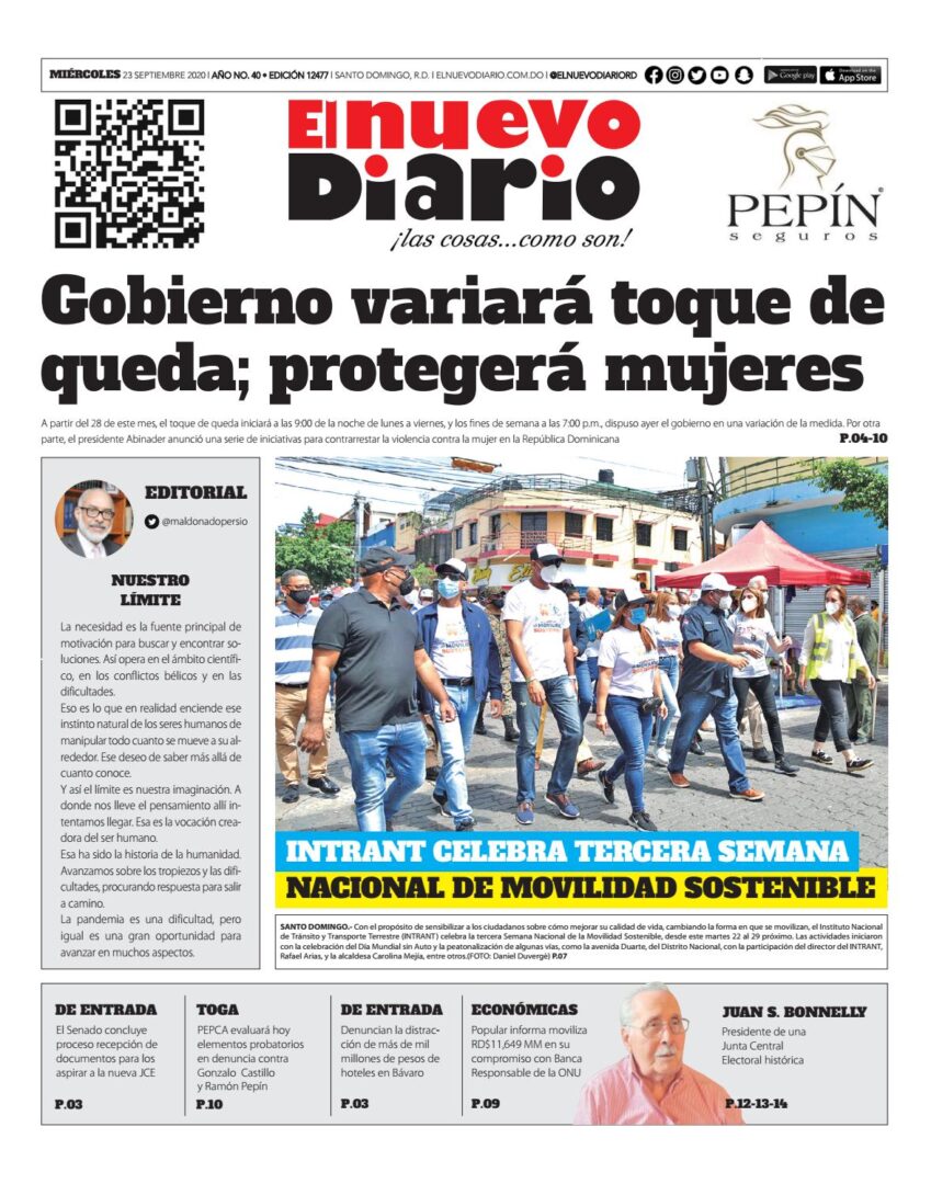Portada Periódico El Nuevo Diario, Miércoles 23 de Septiembre, 2020