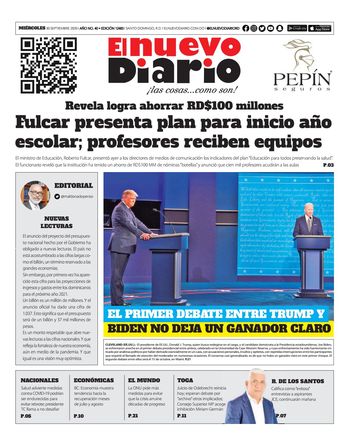Portada Periódico El Nuevo Diario, Miércoles 30 de Septiembre, 2020