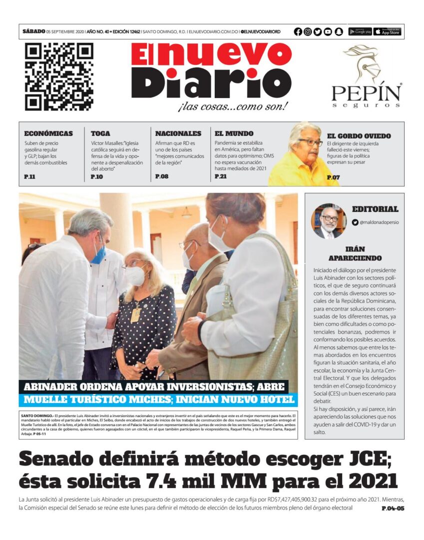 Portada Periódico El Nuevo Diario, Sábado 05 de Septiembre, 2020
