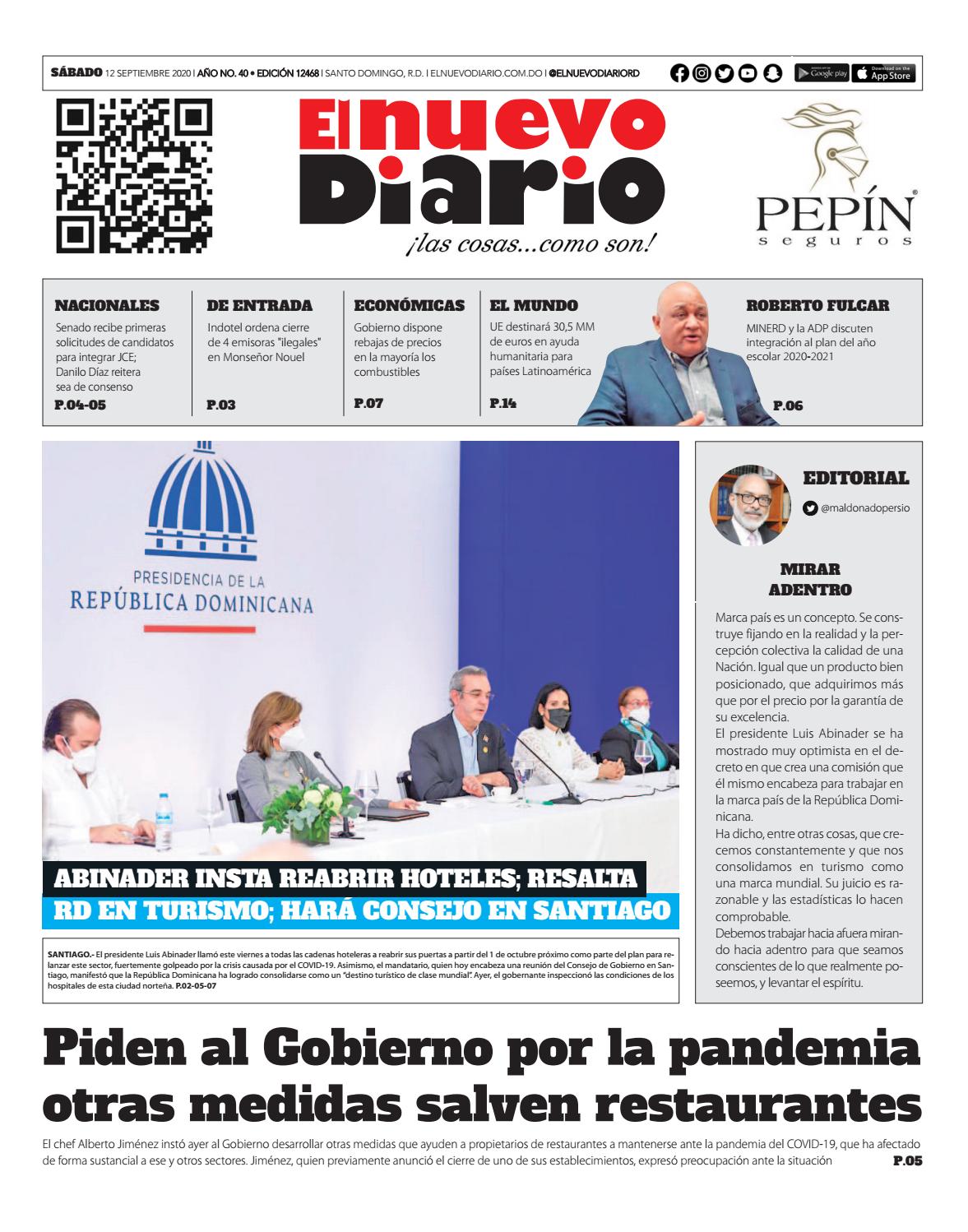 Portada Periódico El Nuevo Diario, Sábado 12 de Septiembre, 2020
