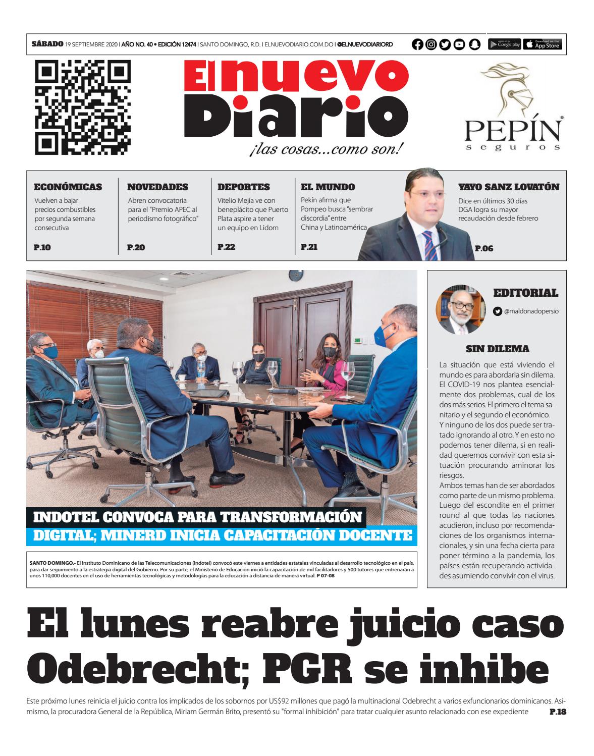 Portada Periódico El Nuevo Diario, Sábado 19 de Septiembre, 2020