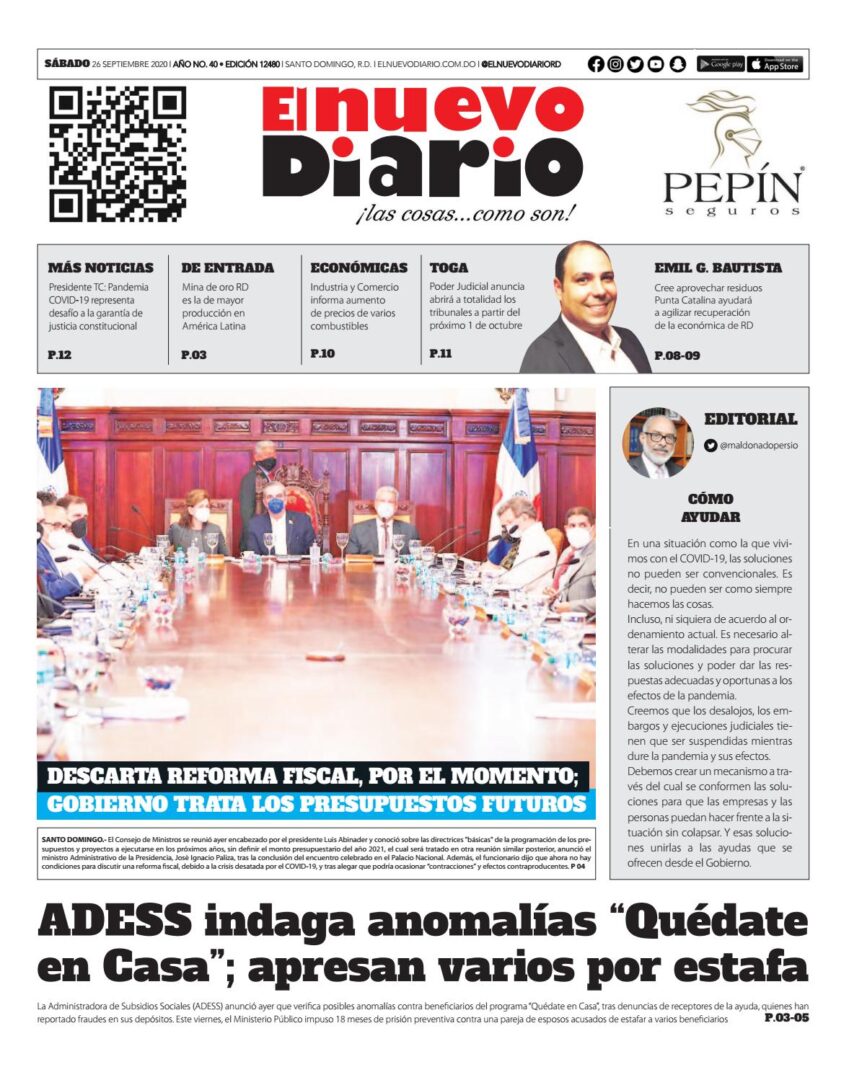 Portada Periódico El Nuevo Diario, Sábado 26 de Septiembre, 2020