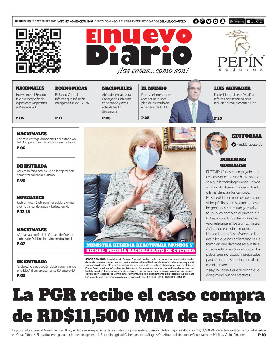 Portada Periódico El Nuevo Diario, Viernes 11 de Septiembre, 2020