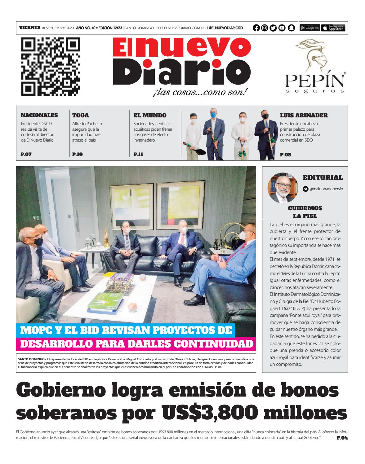 Portada Periódico El Nuevo Diario, Viernes 18 de Septiembre, 2020