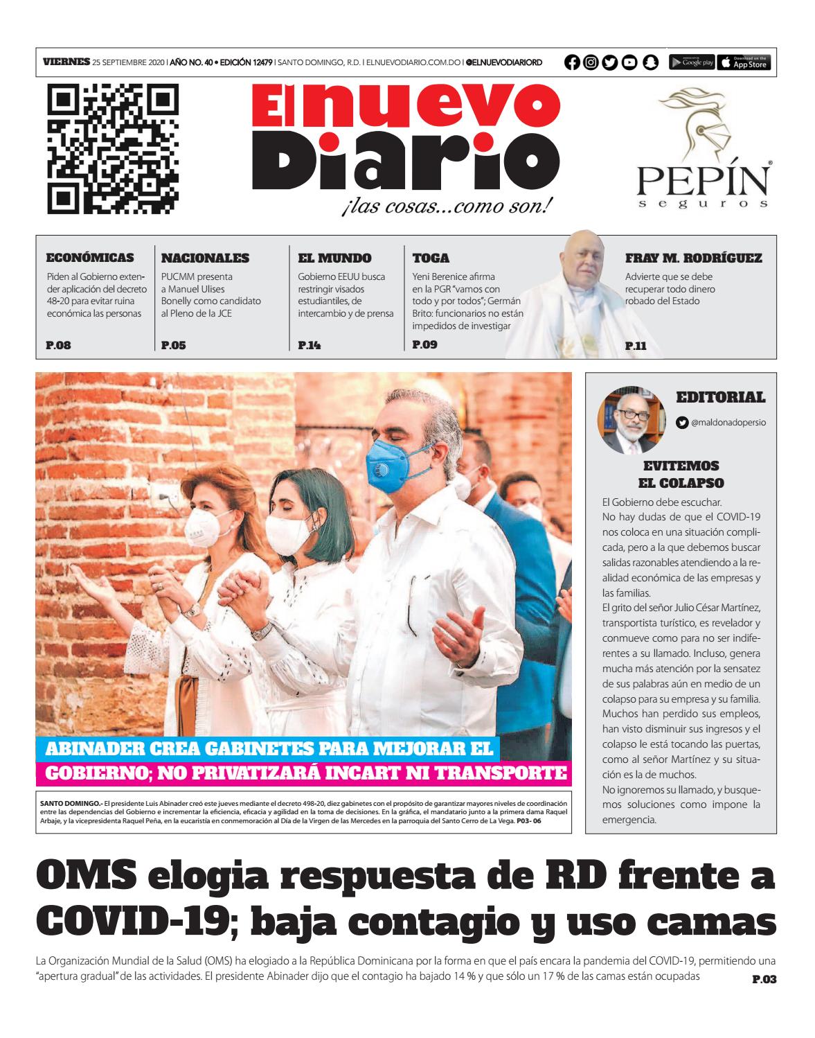 Portada Periódico El Nuevo Diario, Viernes 25 de Septiembre, 2020