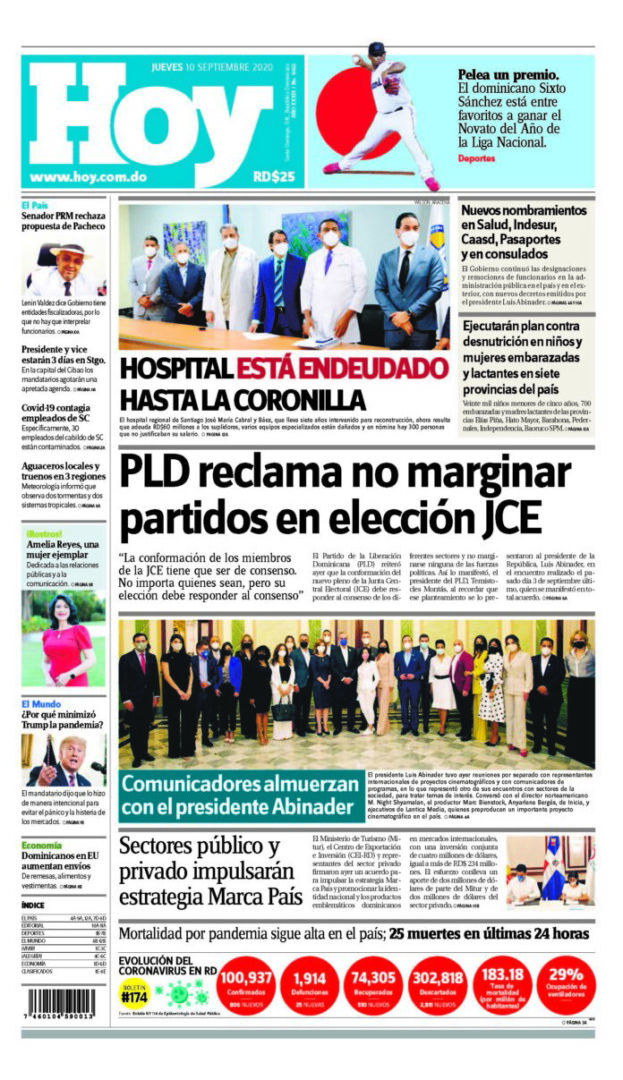 Portada Periódico Hoy, Jueves 10 de Septiembre, 2020