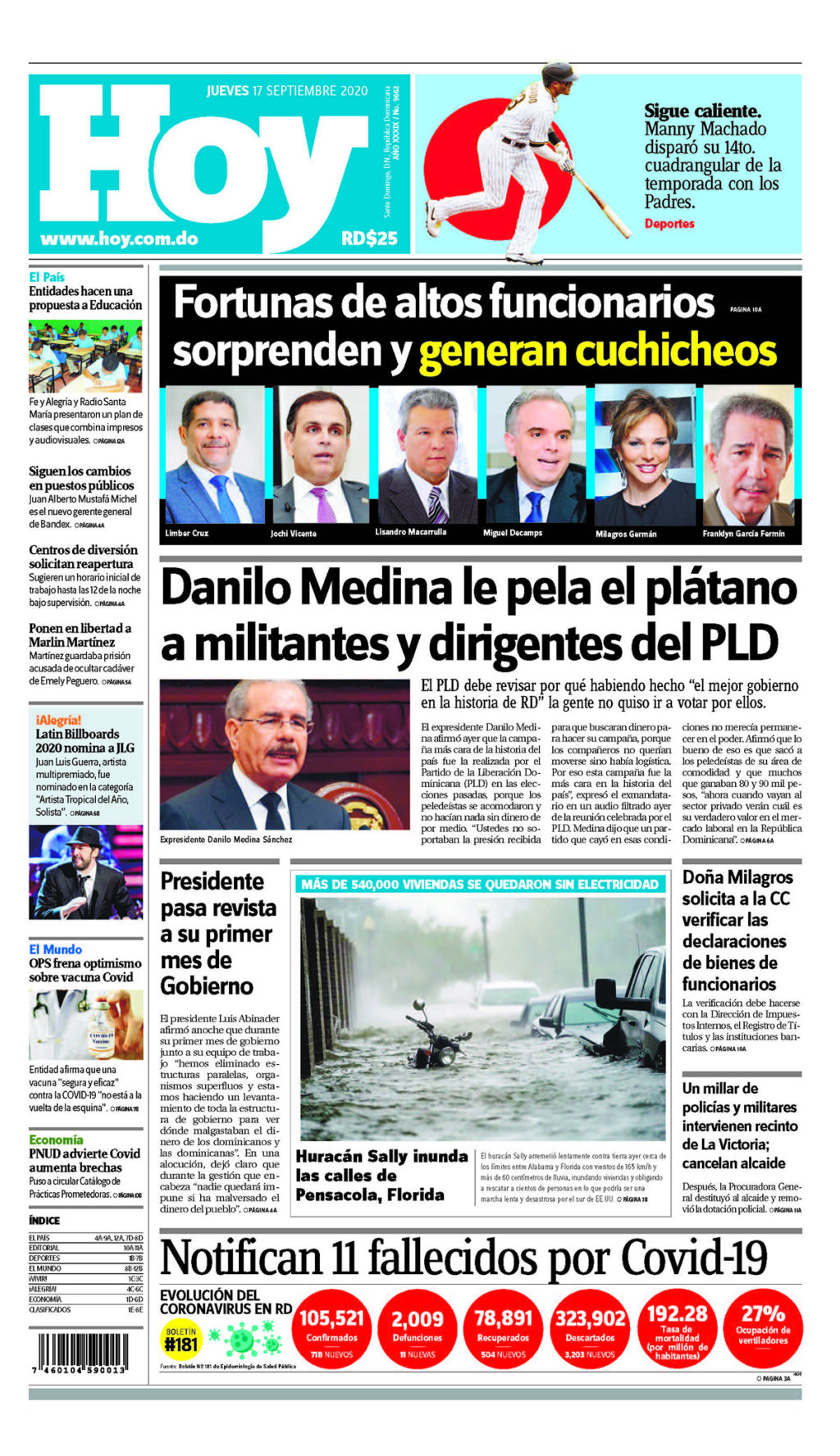 Portada Periódico Hoy, Jueves 17 de Septiembre, 2020 - Dominicana.do