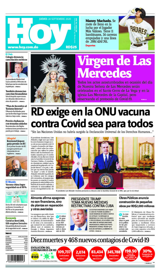 Portada Periódico Hoy, Jueves 24 de Septiembre, 2020