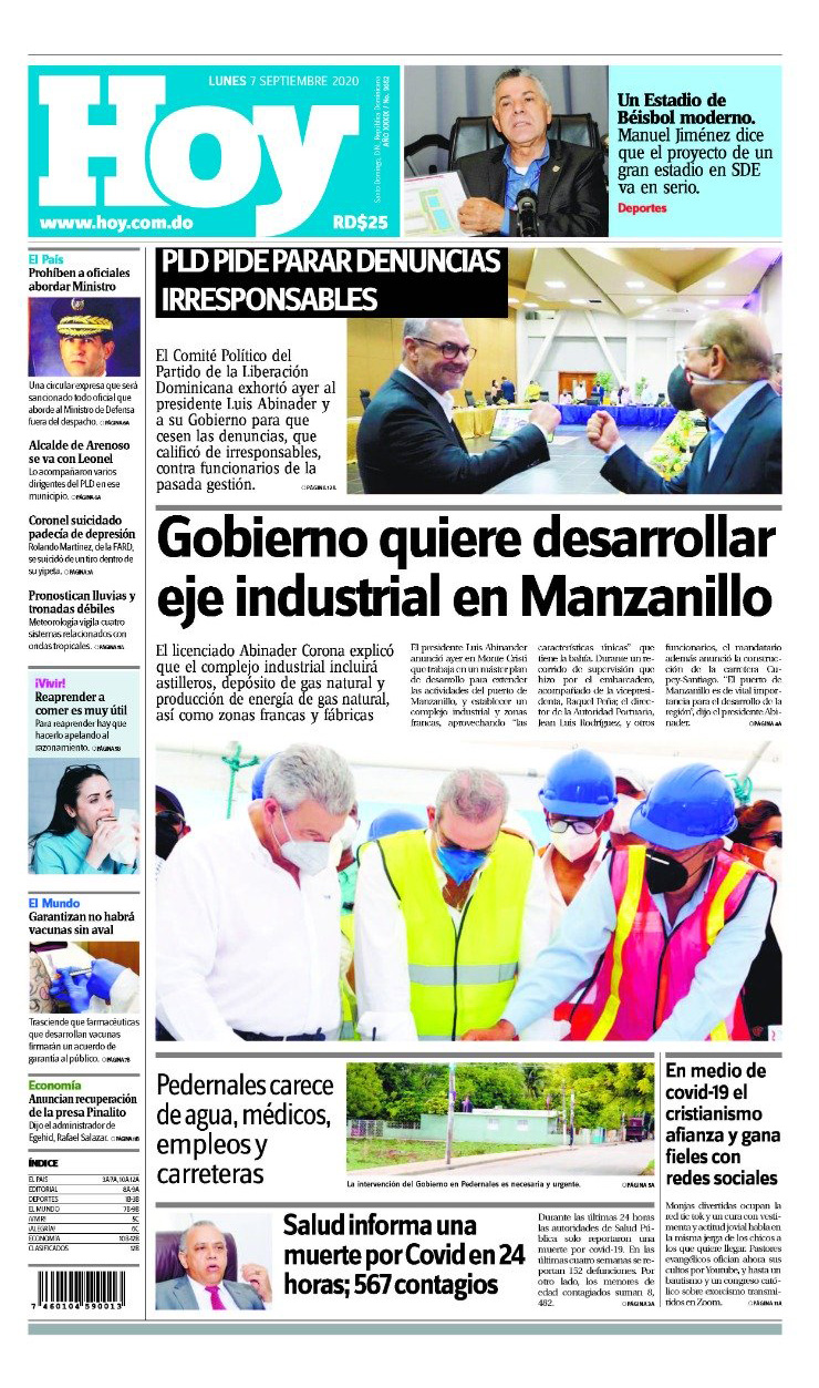 Portada Periódico Hoy, Lunes 07 de Septiembre, 2020