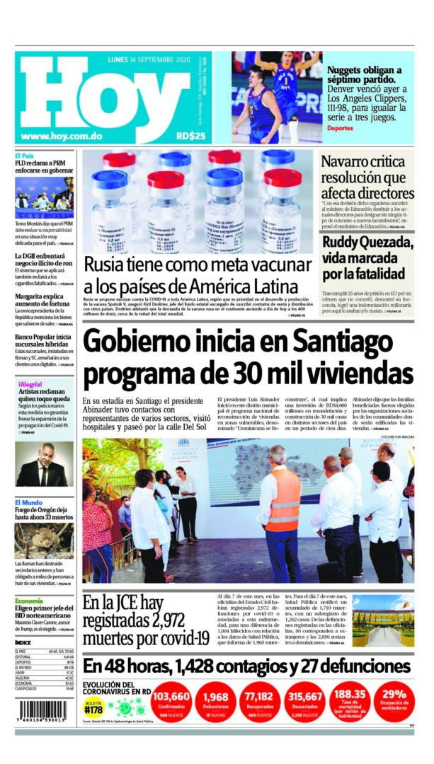Portada Periódico Hoy, Lunes 14 de Septiembre, 2020