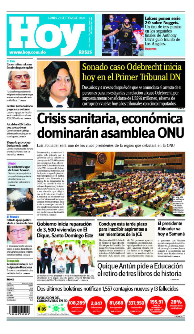 Portada Periódico Hoy, Lunes 21 de Septiembre, 2020