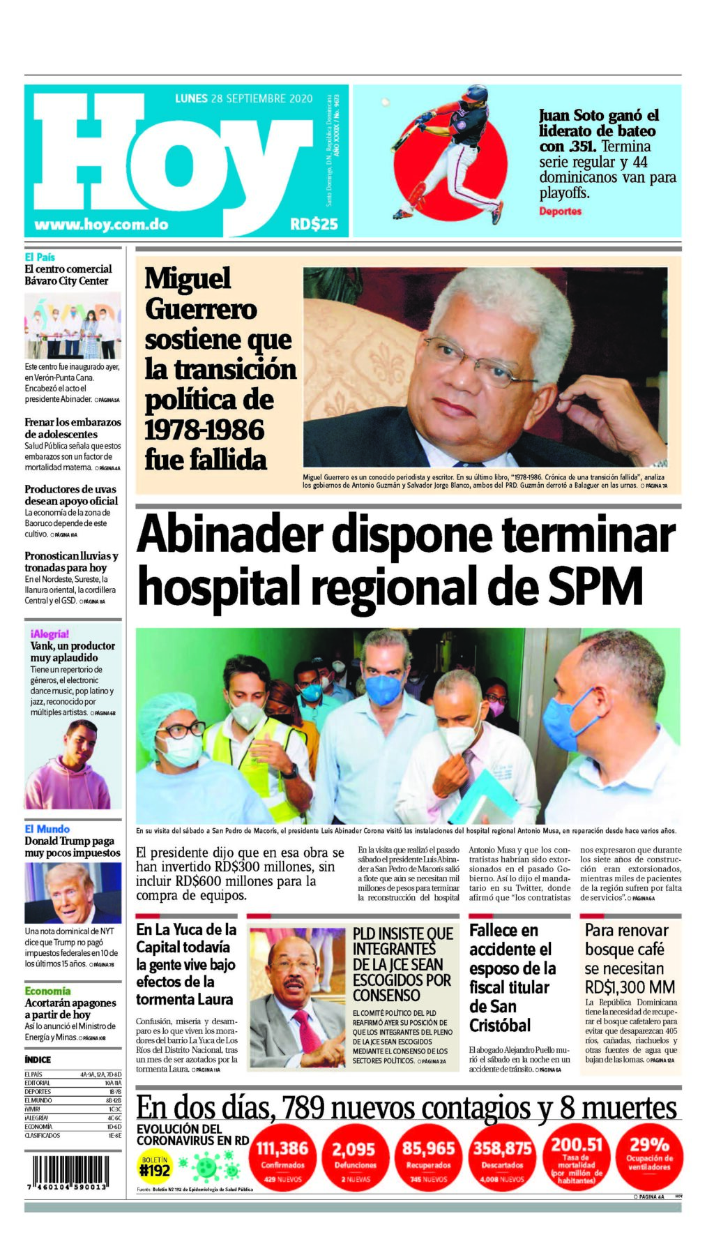 Portada Periódico Hoy, Lunes 28 de Septiembre, 2020 - Dominicana.do