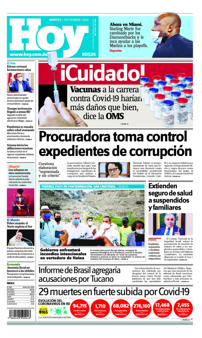 Portada Periódico Hoy, Martes 01 de Septiembre, 2020