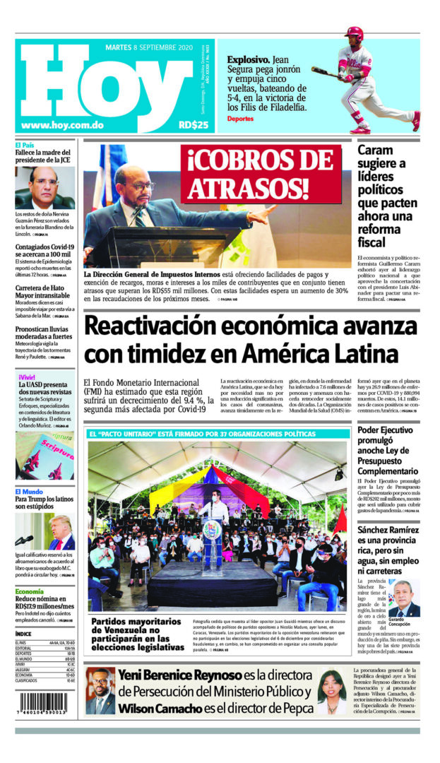 Portada Periódico Hoy, Martes 08 de Septiembre, 2020