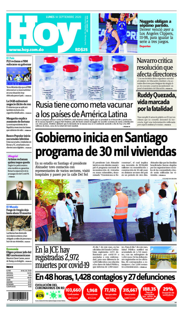 Portada Periódico Hoy, Martes 15 de Septiembre, 2020