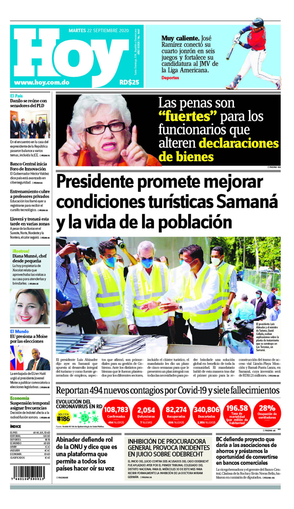 Portada Periódico Hoy, Martes 22 de Septiembre, 2020 - Dominicana.do