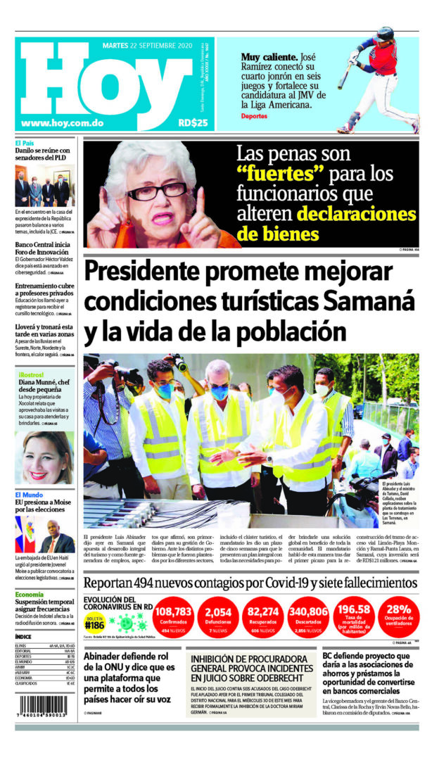 Portada Periódico Hoy, Martes 22 de Septiembre, 2020