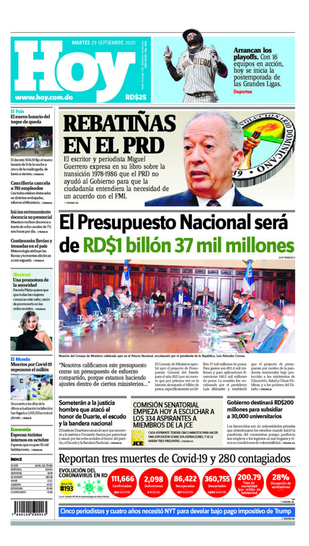 Portada Periódico Hoy, Martes 29 de Septiembre, 2020