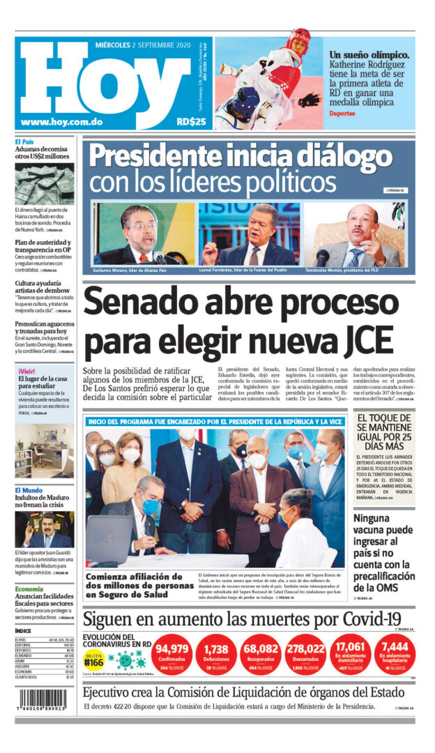 Portada Periódico Hoy, Miércoles 02 de Septiembre, 2020