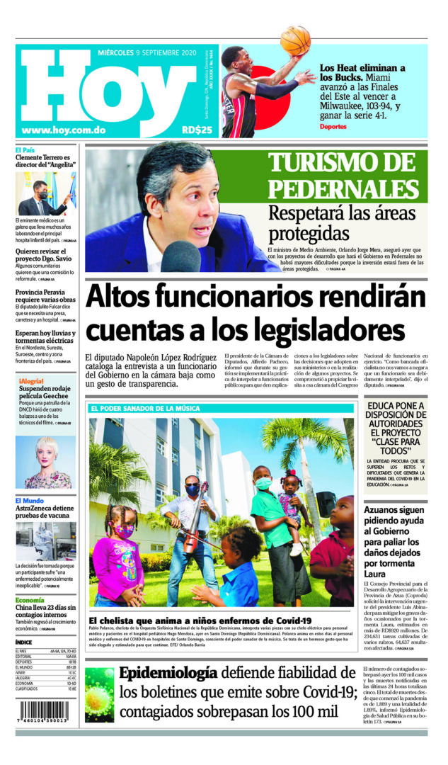 Portada Periódico Hoy, Miércoles 09 de Septiembre, 2020