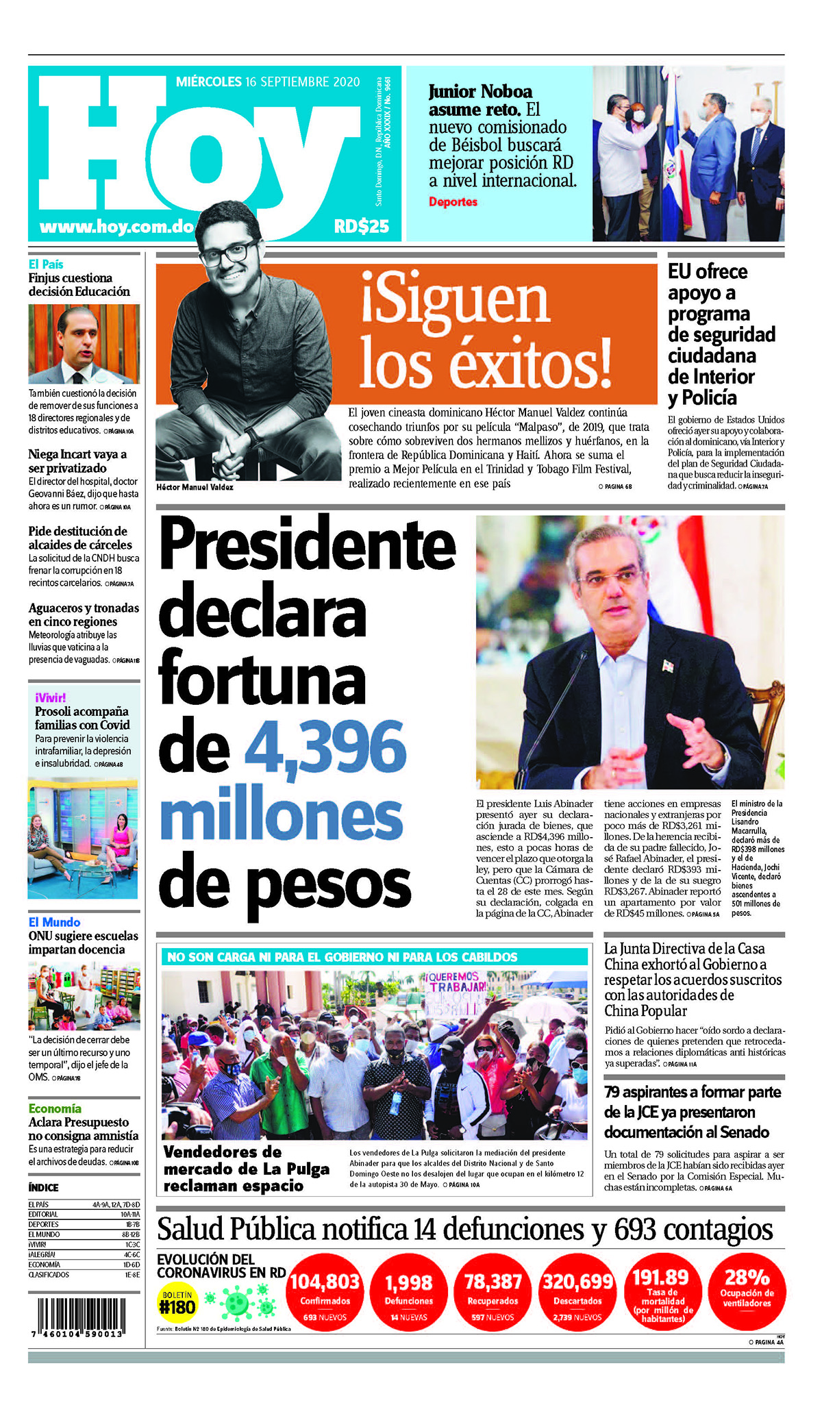 Portada Periódico Hoy, Miércoles 16 de Septiembre, 2020